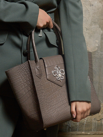 Taupe Crocodile Leather Tote With Diamonds & Moonstone Jeweled Fleur De Lis, 2