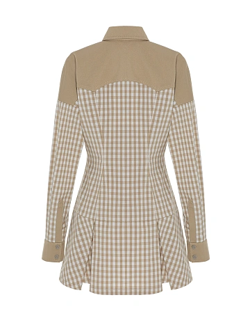 Beige Checked Linen And Denim Dress, 2