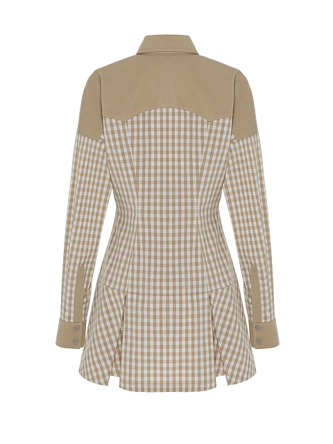 Beige Checked Linen And Denim Dress, 2