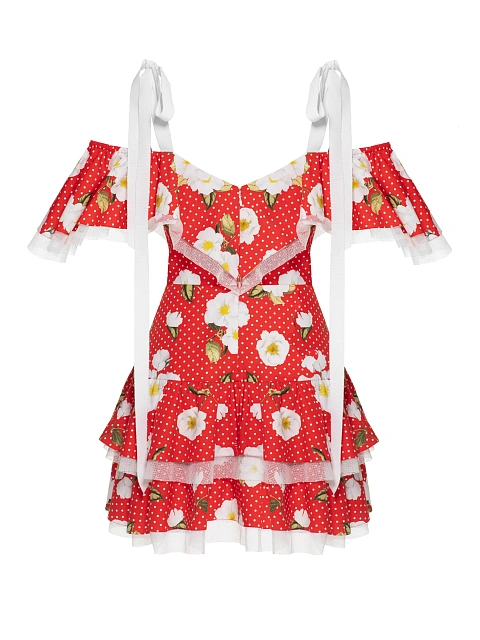 Red cotton mini dress with floral print, 4