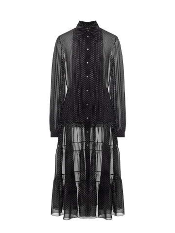 Black Chiffon Polka Dot Midi Dress, 1