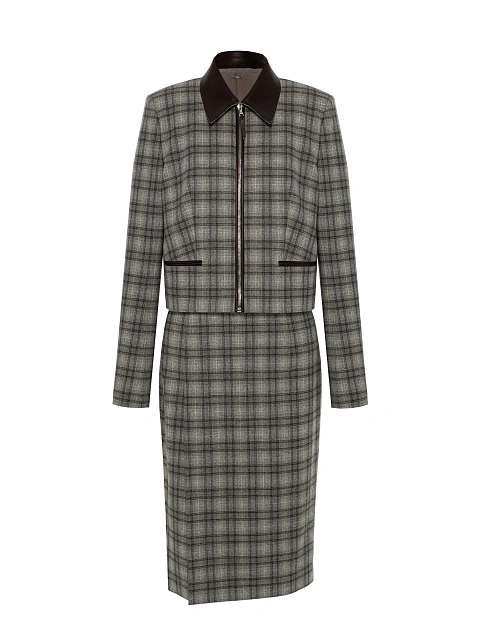 Grey Check Wool Midi Skirt Set, 3