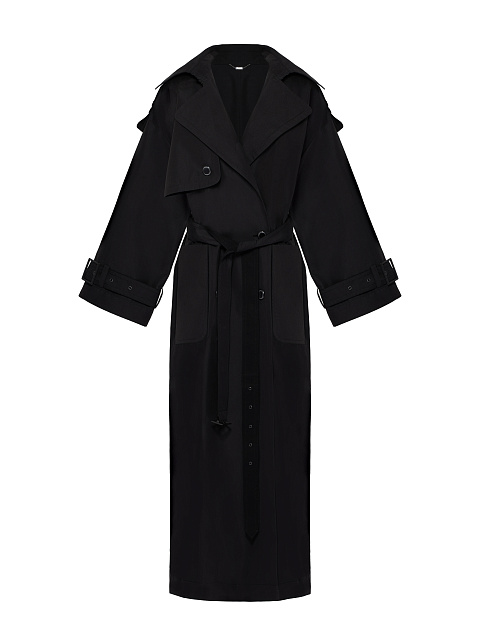 Black Leather Trim Cotton Trench Coat, 1