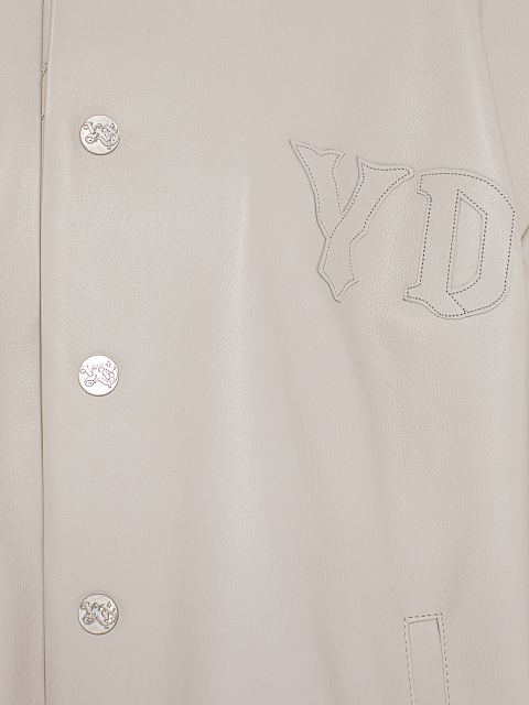 Light Beige Oversized Leather Bomber Jacket, 3