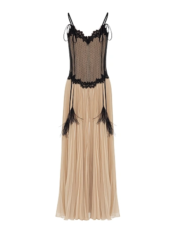 Beige Lace & Plisse Chiffon Midi Dress, 2