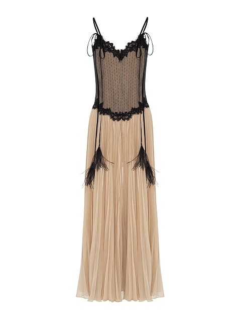 Beige Lace & Plisse Chiffon Midi Dress, 2