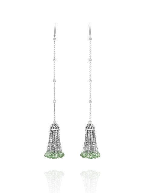 Round Topaz & Briolette Green Amethyst & White Gold Tassel Earrings, 1