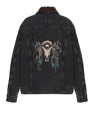 Black Embroidered Denim & Astrakhan Fur Jacket, 2
