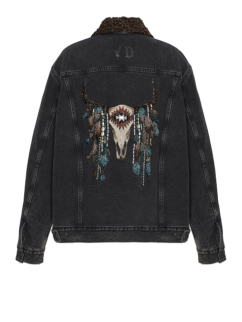Black Embroidered Denim & Astrakhan Fur Jacket, 2