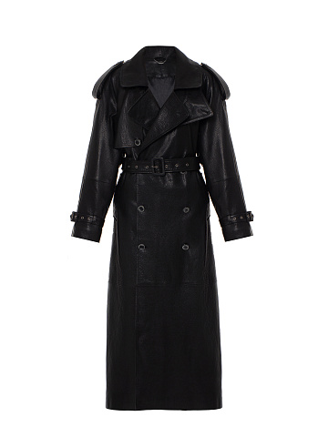 Black Textured Leather Trench Coat, 1