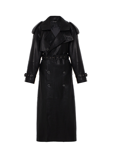 Black Textured Leather Trench Coat, 1