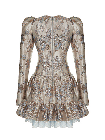 Beige Floral Brocade Mini Dress, 2