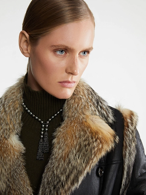 Fox Fur Trimmed Black Shearling Coat, 8