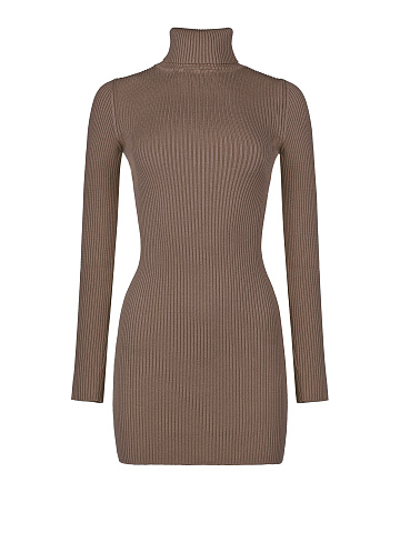 Brown Rib Knit Turtleneck Mini Dress, 1