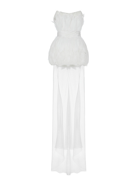 White Silk Feathers Trimmed Bridal Dress, 1