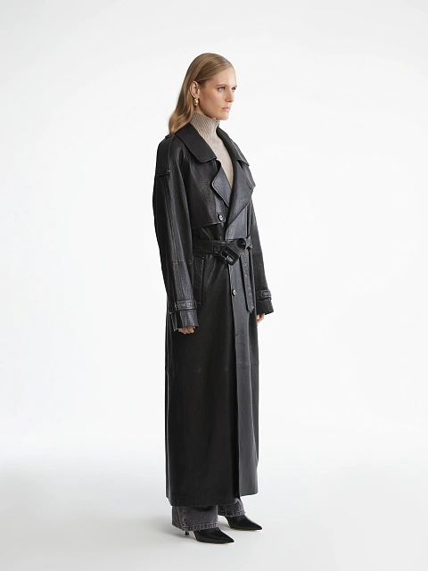 Black Textured Leather Trench Coat, 3