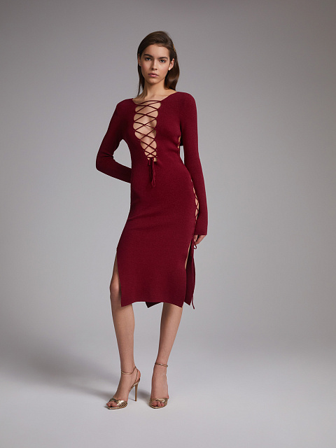Bordeaux Lace Up Jersey Midi Dress, 6