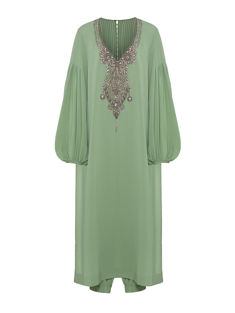 Green crepe silk suit, tunic trimmed with embroidery, joggers with elastic waistband, 1