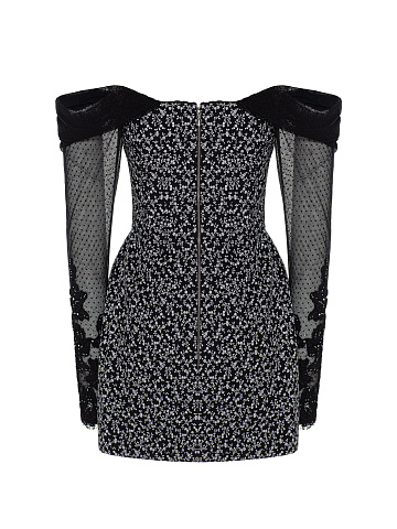 Black Cotton Mini Dress With Floral Print And Lace Sleeves, 2