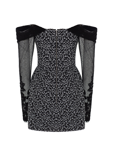 Black Cotton Mini Dress With Floral Print And Lace Sleeves, 2