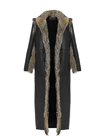 Fox Fur Trimmed Black Shearling Coat, 1