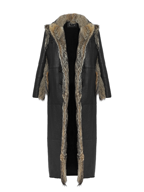 Fox Fur Trimmed Black Shearling Coat, 1