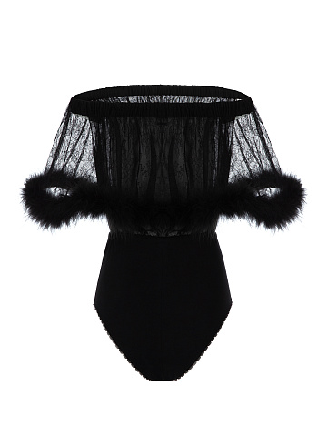 Black Lace & Boa Trimmed Silk Bodysuit, 2
