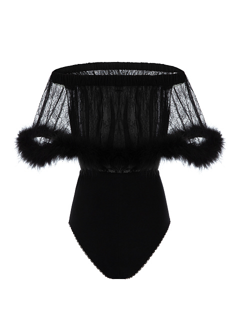 Black Lace & Boa Trimmed Silk Bodysuit, 2 Black Lace & Boa Trimmed Silk Bodysuit, 2