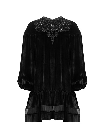Black Velvet Embroidered Mini Dress, 1