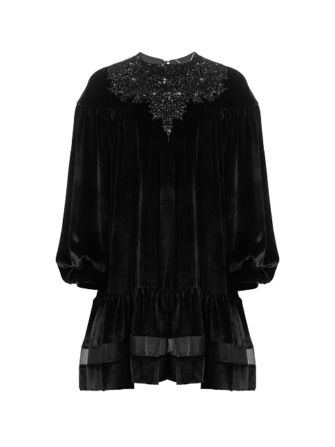 Black Velvet Embroidered Mini Dress, 1