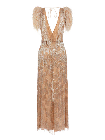 Beige Silk Dress With Sequins & Feathers, 2