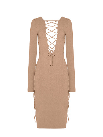 Beige Lace Up Jersey Midi Dress, 1