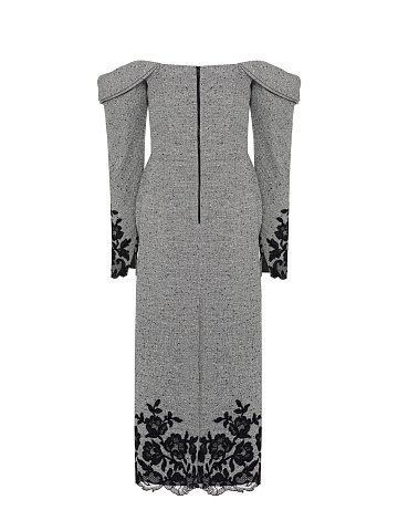 Grey & Black Lace Trim Wool Midi Dress, 2