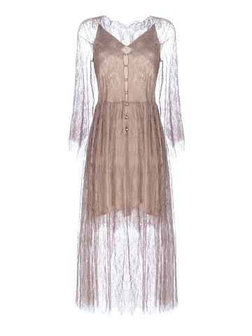 Beige Lace Double-Layered Midi Dress, 1