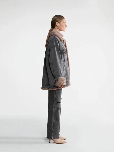 Grey Denim & Brown Shearling Oversized Jacket, 4