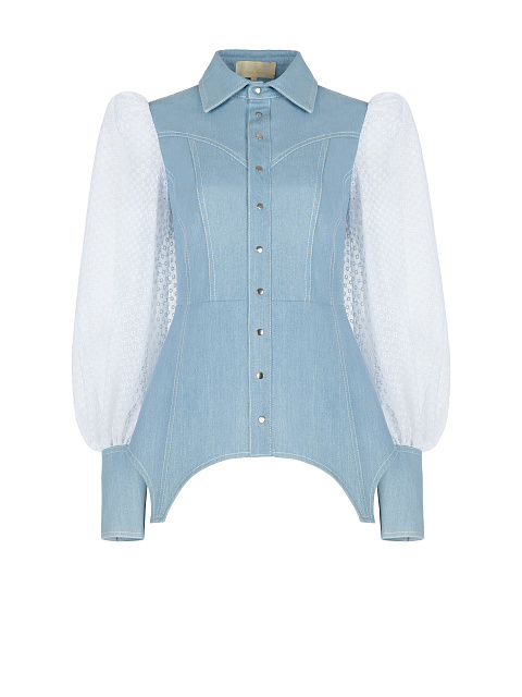 Blue Denim Shirt With Chiffon Sleeves, 1 Blue Denim Shirt With Chiffon Sleeves, 1
