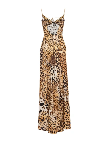 Beige Leopard Print Silk Maxi Dress, 2