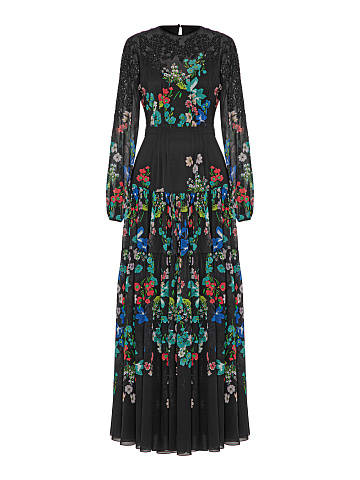 Black Floral Printed Chiffon Maxi Dress, 1