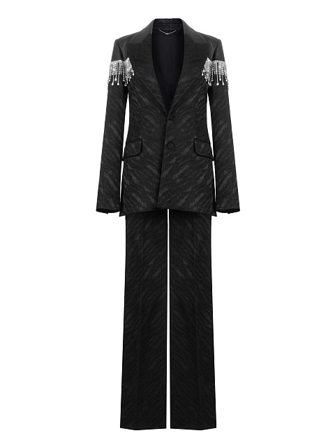 Black Jacquard & Leather Crystal Fringe Trimmed Suit, 2