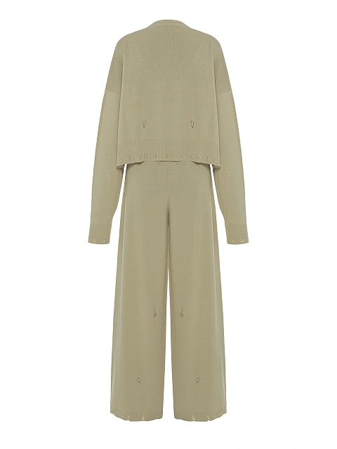 Khaki Knitted Cardigan, Top & Pants Set, 3