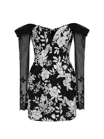 Black & White Floral Print Cotton Mini Dress, 1