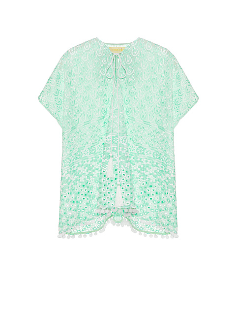 Kid's Green & White Pompon Trim Cotton Tunic Dress, 1