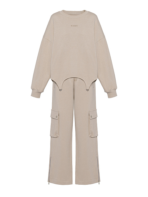 Taupe Jersey Cargo Pants Suit, 1