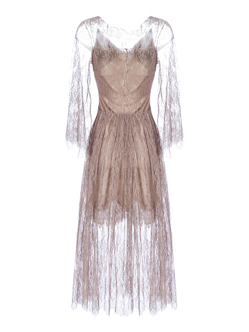 Beige Lace Double-Layered Midi Dress, 2