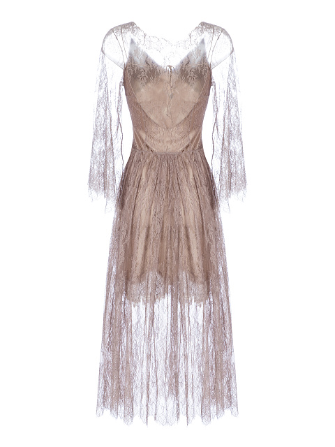 Beige Lace Double-Layered Midi Dress, 2