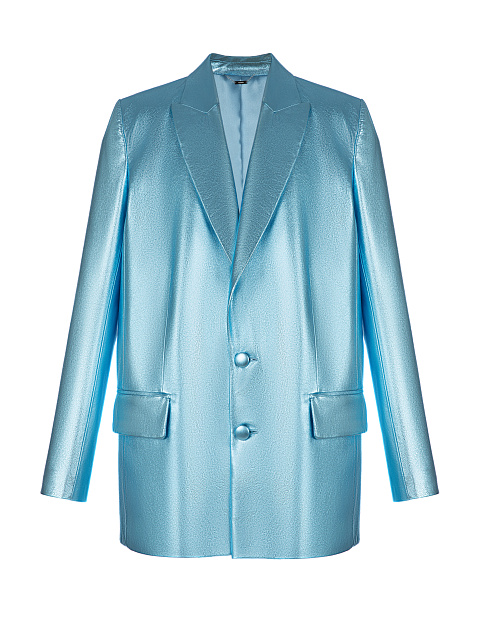 Metallic Blue Leather Blazer & Skirt Set, 2