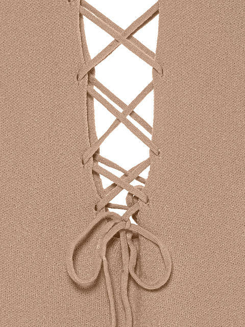 Beige Lace Up Jersey Midi Dress, 3