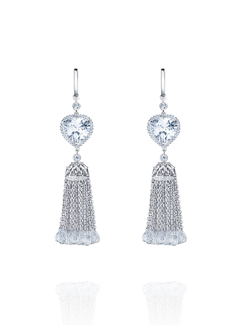 White Gold, Rock Crystal & Heart-cut Clear Topaz Tassel Earrings, 1