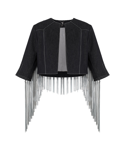 Black Embroidered Fringed Denim Jacket, 1 Black Embroidered Fringed Denim Jacket, 1